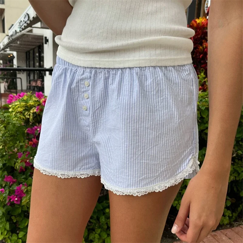 Women Y2K Stripe Buttons Women’s Button Front Shorts Casual Elastic Waist Lace Trim Striped Print Lounge Shorts Streetwear