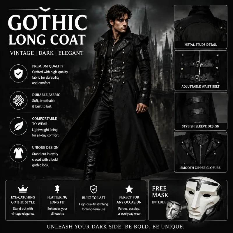 

Men’s Gothic Steampunk Coat – Long Punk Trench, Double-Breasted Zipper Jacket Cosplay & Medieval Costume Free Mask