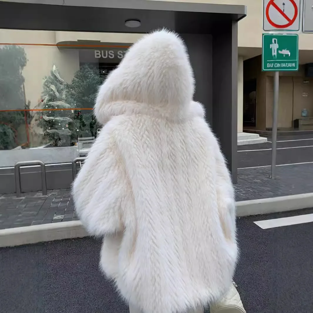

2025 Winter Women Loose Artificial Fur Jacket Plush Fur Trim Hooded Mink Fur Coat For Female Minimalist Lady Eco Fur Outwear