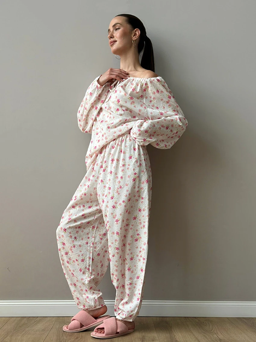 Marthaqiqi Printing Women'S Sleepwear Set Slash Neck Pajamas Long Sleeve Nightie Lace Up Nightwear Pants Casual Nightgowns Suit