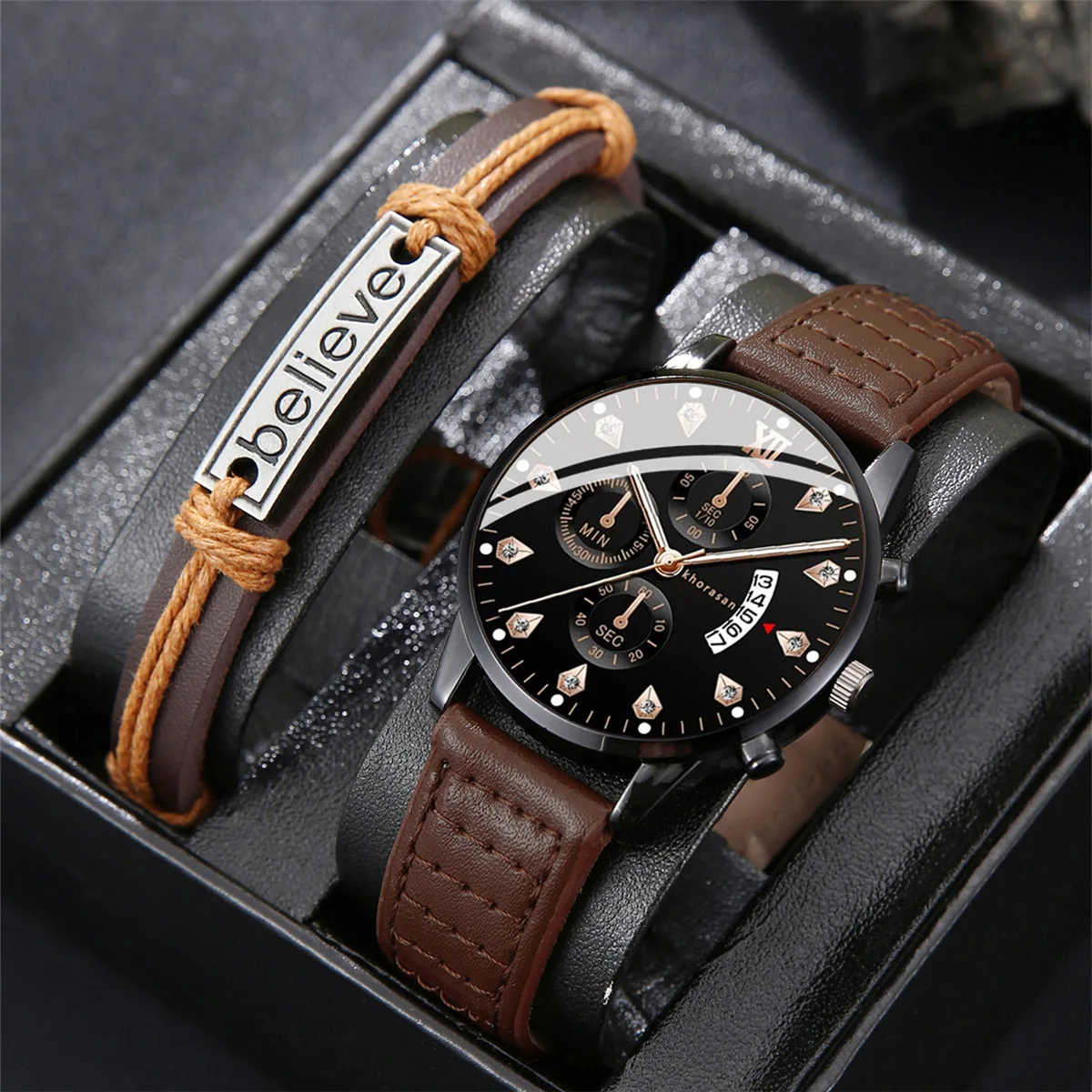 

2pcs Quartz Watches Bracelet Watch Set For Men Business Fashion Casual Round Pointer Calendar Watch Accessories