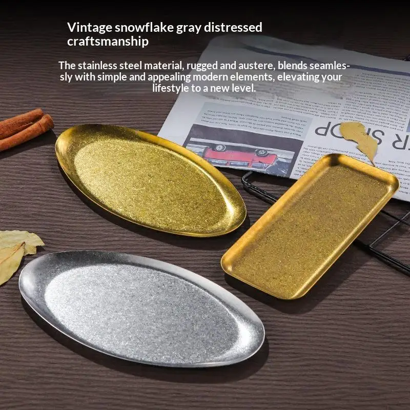 Industrial Style Oval Shallow Stainless Steel Plates Retro Serving Trays For Sushi Snack Pastry Tableware