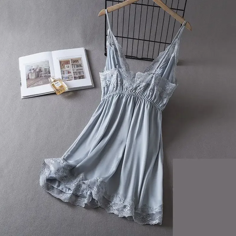 Summer Women Lace Sleepwear Nightgown Sexy Strap Nightdress Gown Lingerie Female Silky Satin Nightwear Home Dress Loungewear