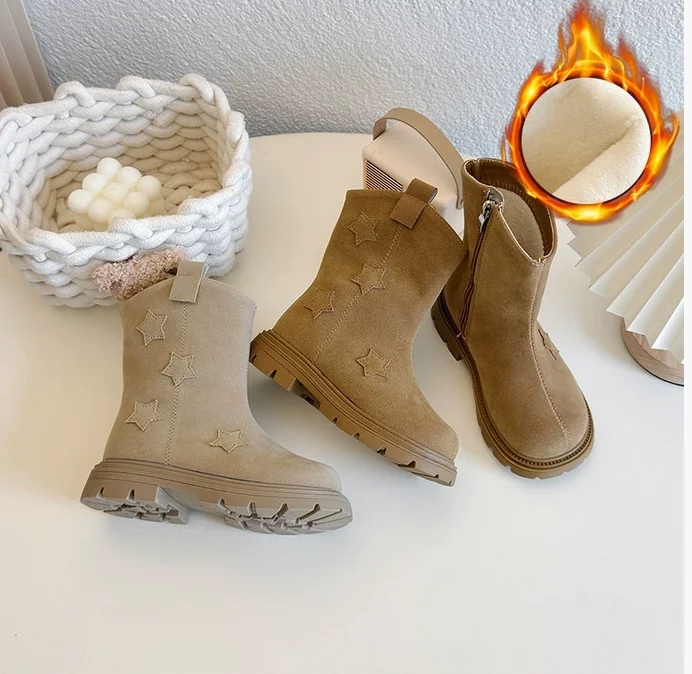 

Star Solid Children Fashion Boots Autumn Winter PU Leather Plush Girls Ankle Shoes Warm Zip Non Slip Kids Boots