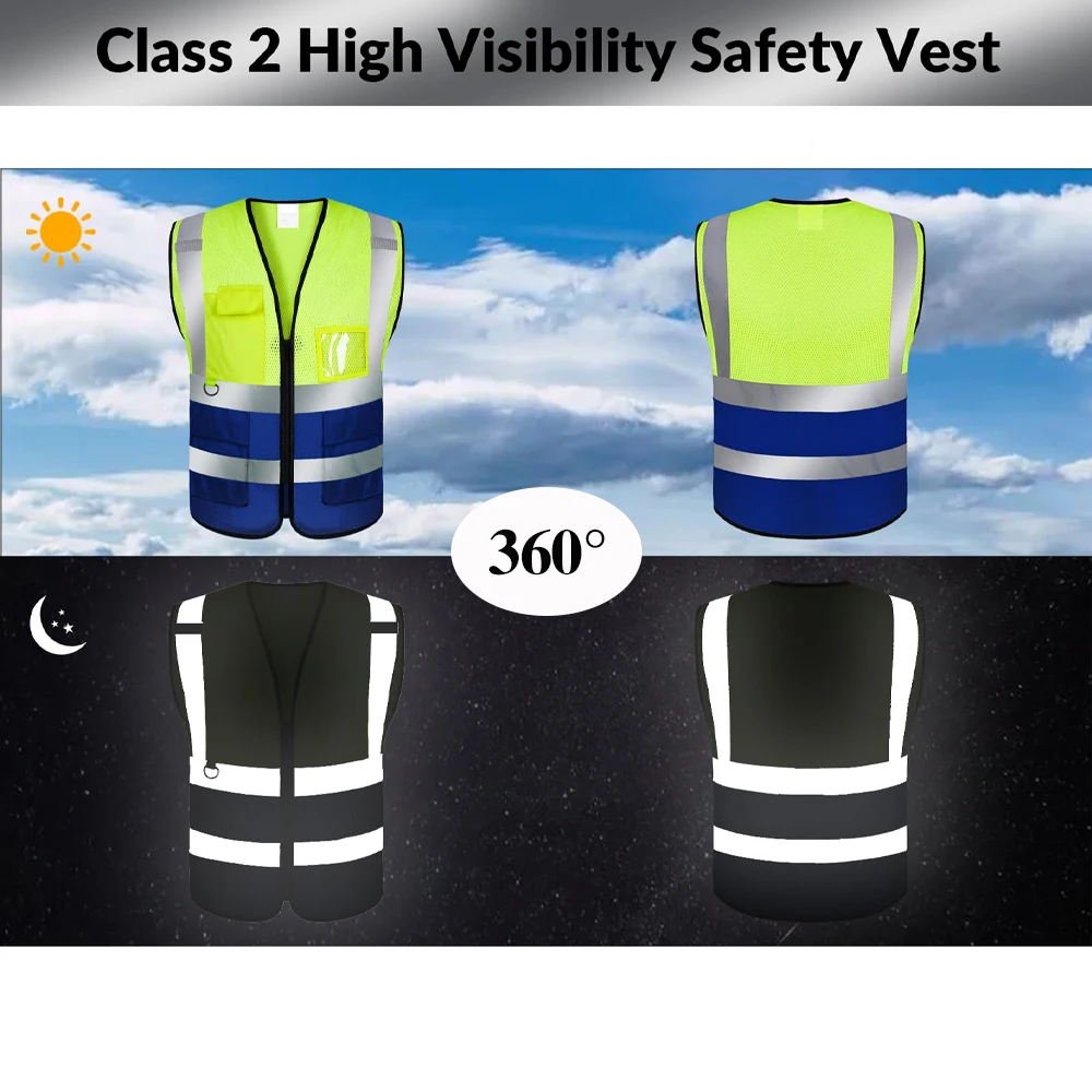 Reflective Mesh Safety Vest High Visibility Dual Color Zipper Front Safety Jacket Hi Viz Clothes Outdoor Protective Workwear