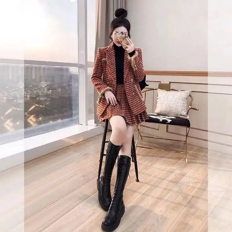 Xiaoxiangfeng herfst en winter nieuwe damespak rokpak geruite jas + slim fit rok tweedelige set trendy