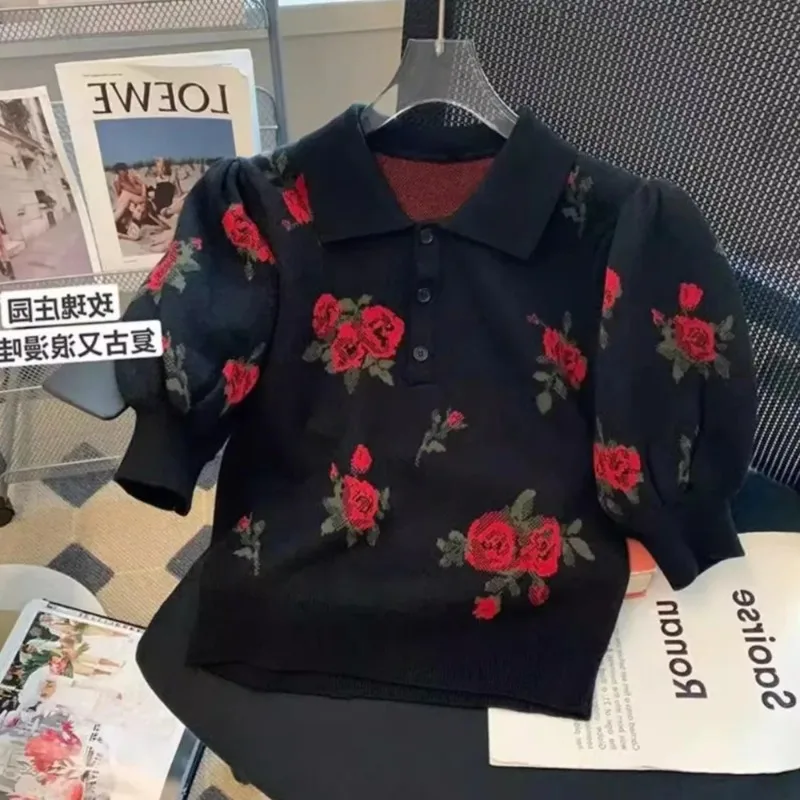 

Spring Summer Women Vintage Flowers Turn Down Collar Short Sleeve Knitted Pullover Crop Top Black Sweater Tops Korean