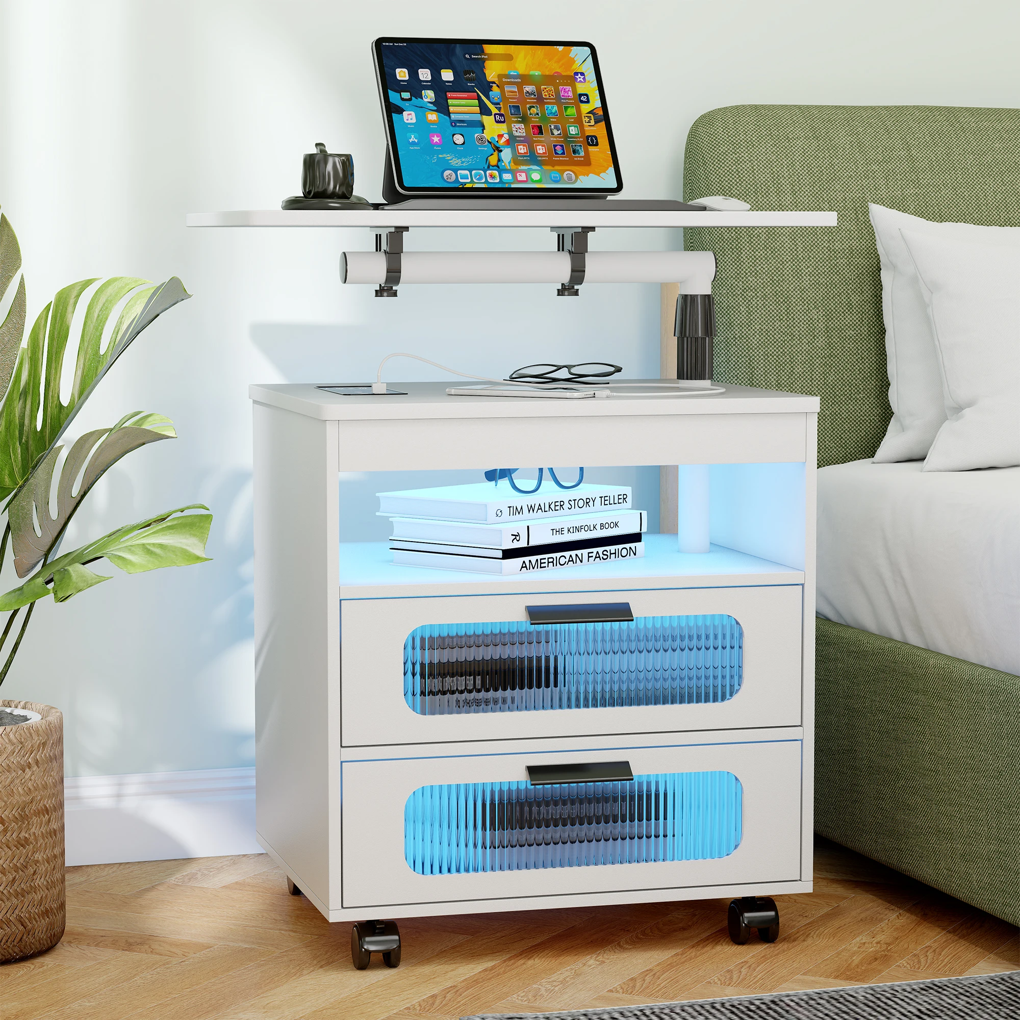 Night Wireless Charging Nightstand with Adjustable Workstation