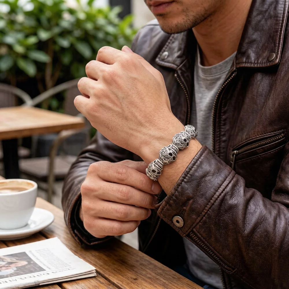 Bracelets Fleur-de-lis Lily & Skull Punk Bead Brand Silver Fashion Europe Style Jewelry Bijoux Gift For  Men & Women