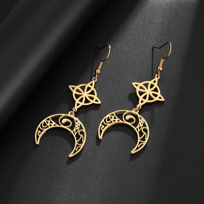 

Stainless Steel Long Hollow Witch's Knot Celtic Knot Moon Tassel Earrings Women's Fashion Casual Versatile Jewelry