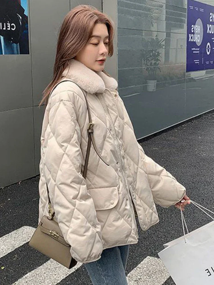 Jacket for Women Winter Women\'s Warm Coats New Long Sleeve Spliced Fur Collar Plush Thicken Parkas Korean Fashion Casual Loose