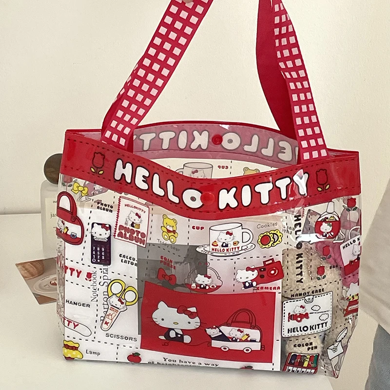 Kawaii Cartoon Red Hellokitty Handbag Girl Cute PVC trasparente borsa per il trucco portatile di grande capacità