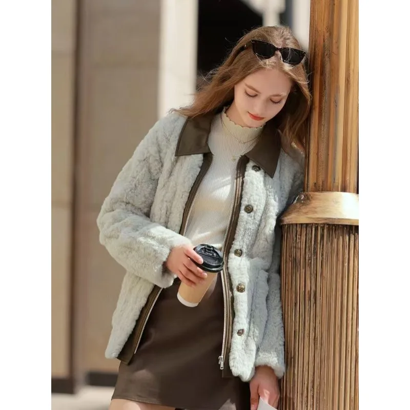 Lapel Western Style Xiaoxiang Lamb Wool Fake Fur Short Jacket Autumn and Winter Thickening Type New Style Female Korean Version