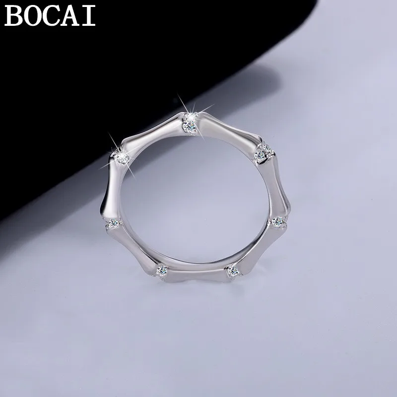 BOCAI New S925 Sterling Silver Jewelry Fashionable And Simple Moissanite Bamboo Knot Engagement Ring Women's Selected Gift
