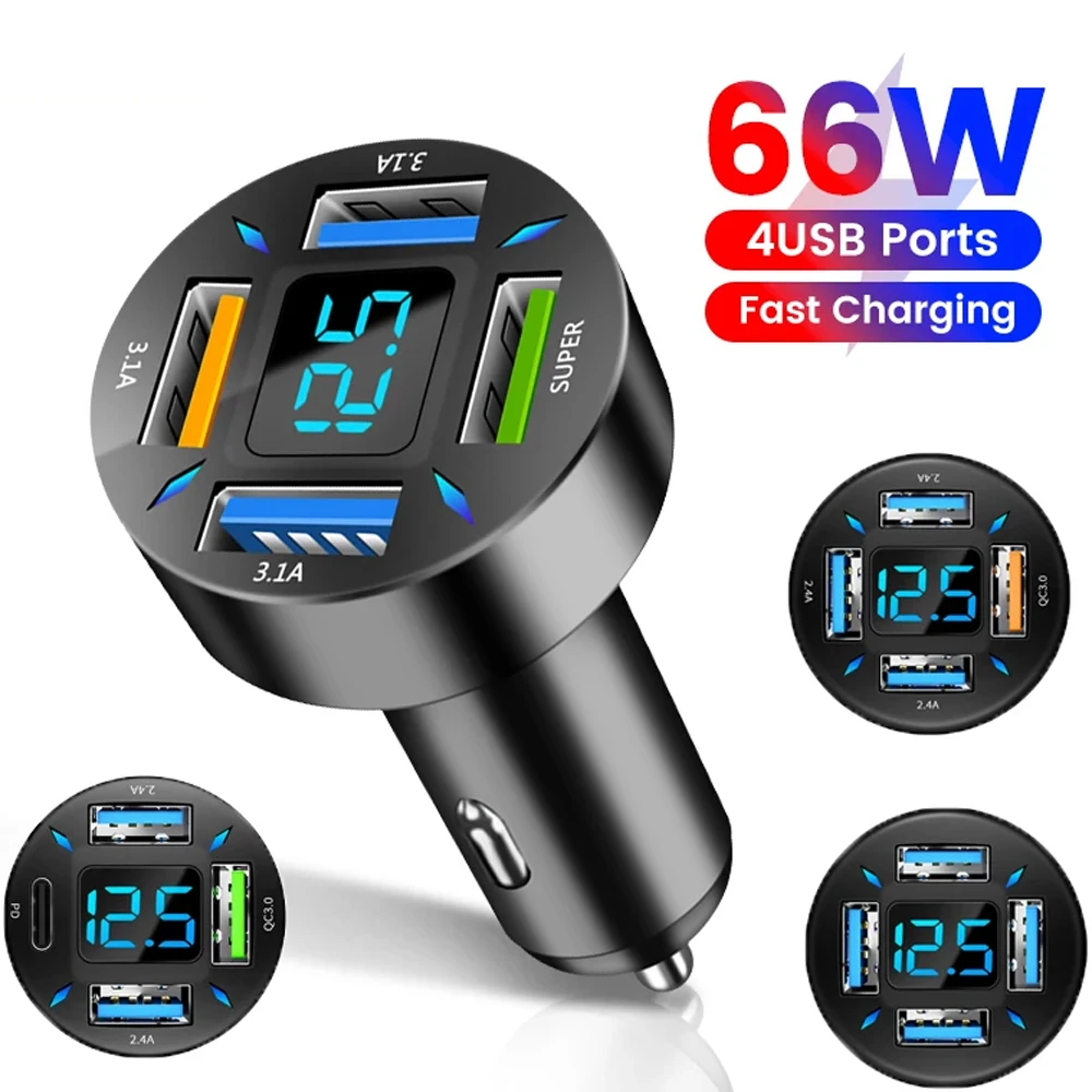

4 Ports USB Car Charger 66W Fast Charging PD Type C Car Cigarette Lighter Adapter For Honor Magic6 Pro Huawei Car Phone Charger