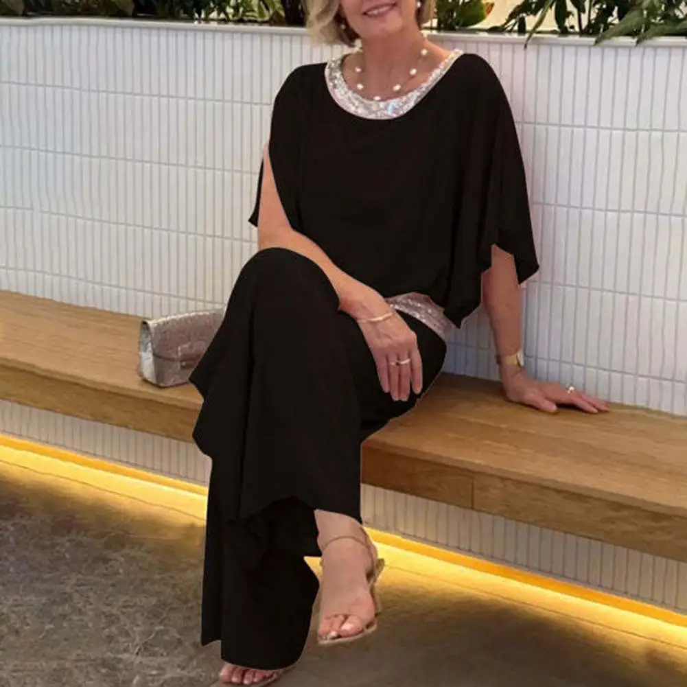 Damskie spodnie z szerokimi nogawkami i wysokim stanem Stylowe cekiny Rękawy nietoperza Damski top Spodnie Garnitur Luźne spodnie z szerokimi nogawkami Zestaw na co dzień