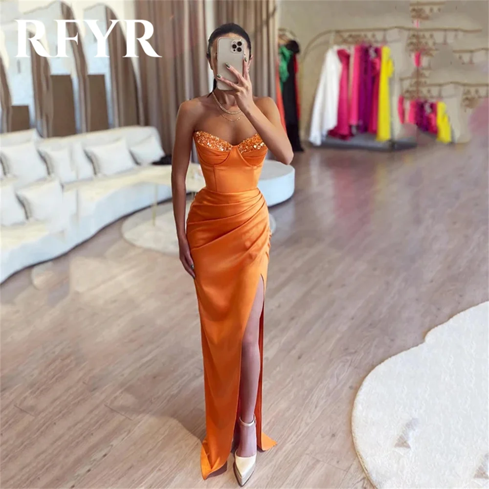 RFYR Orange فساتين سهره Vintage Mermaid Evening Dresses Sequins Sweetheart Satin Party Dress Sexy High Side Slit Prom Dress