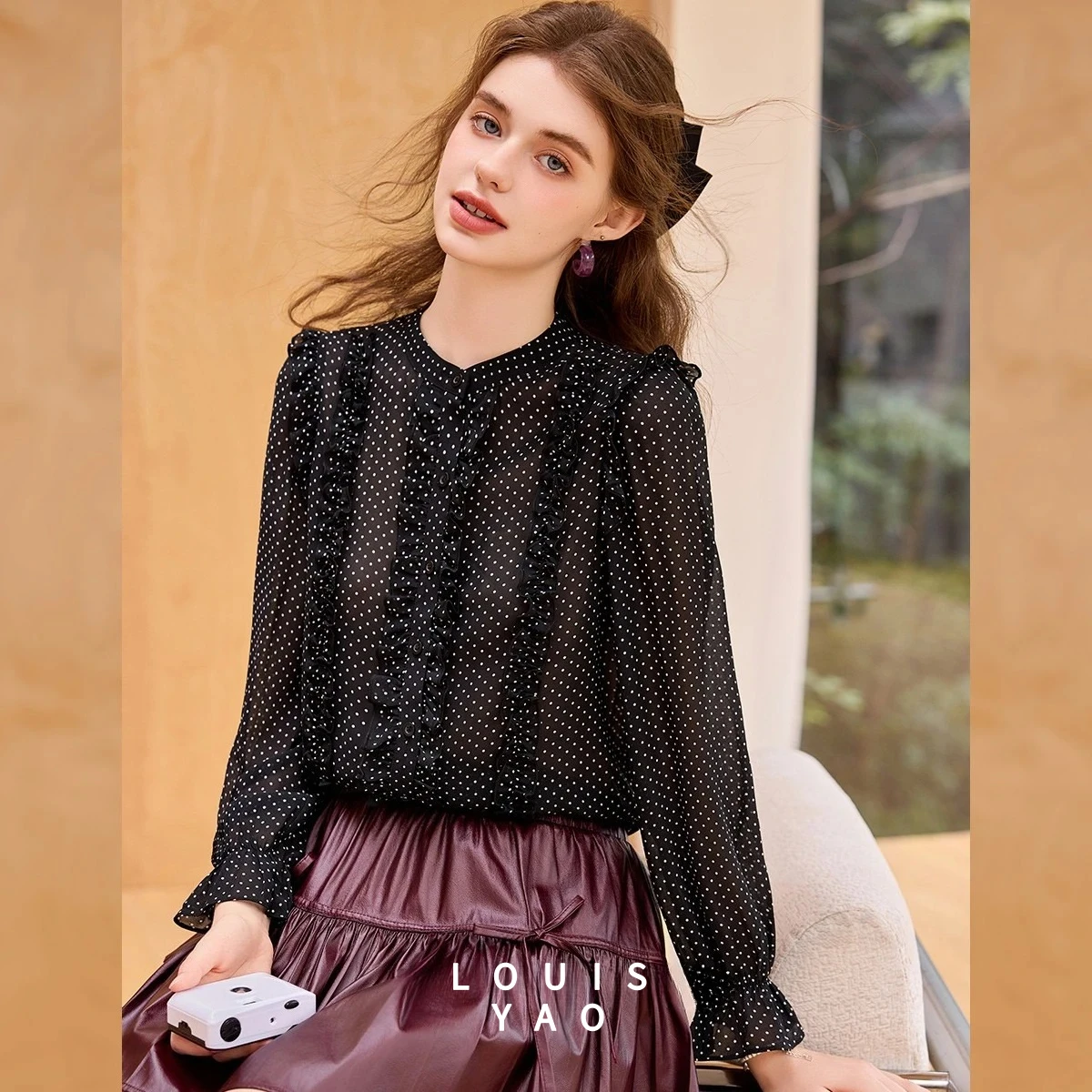 

LOUISYAO Flounced Edge Patchwork Women's Blouses 2025 Autumn Tops Elegant Cardigan Non-Stretch Round Neck Long Sleeve Shirt