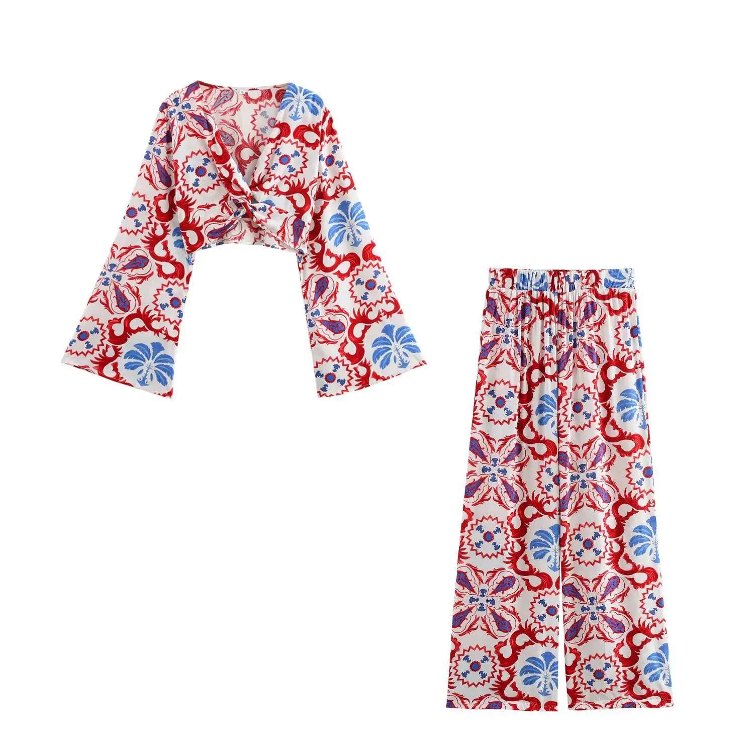 

Vacation Boho Summer Outfits Abstract Print V-neck Tee And Wide Leg Pant Set Flare Sleeve Crop Top + Long Trouser Two Piece Set