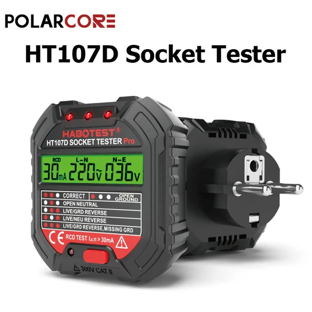 HT107D Tester gniazda Wtyczka cyfrowa Wykrywanie napięcia AC Wykrywacz gniazda testowego RCD Wtyczka UE Uziemienie Linia zerowa Wtyczka Polaryzacja Kontrola fazy