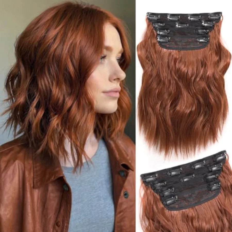 

Auburn Hair Extensions Clip ins for Women Cooper Red Clip in Hair Extensions 4PCS 10 Inch Short Curly Wavy Thick Syntheitc Hair