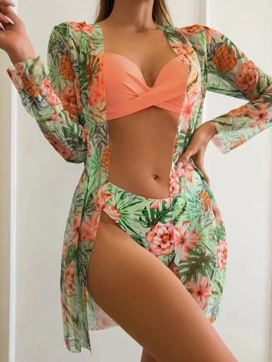 2023 Sexy 3 Pieces Bikini Set Women Cover Up Swimwear Female Tropical Printed Swimsuit Beachwear Push Up Bathing Suit Summer