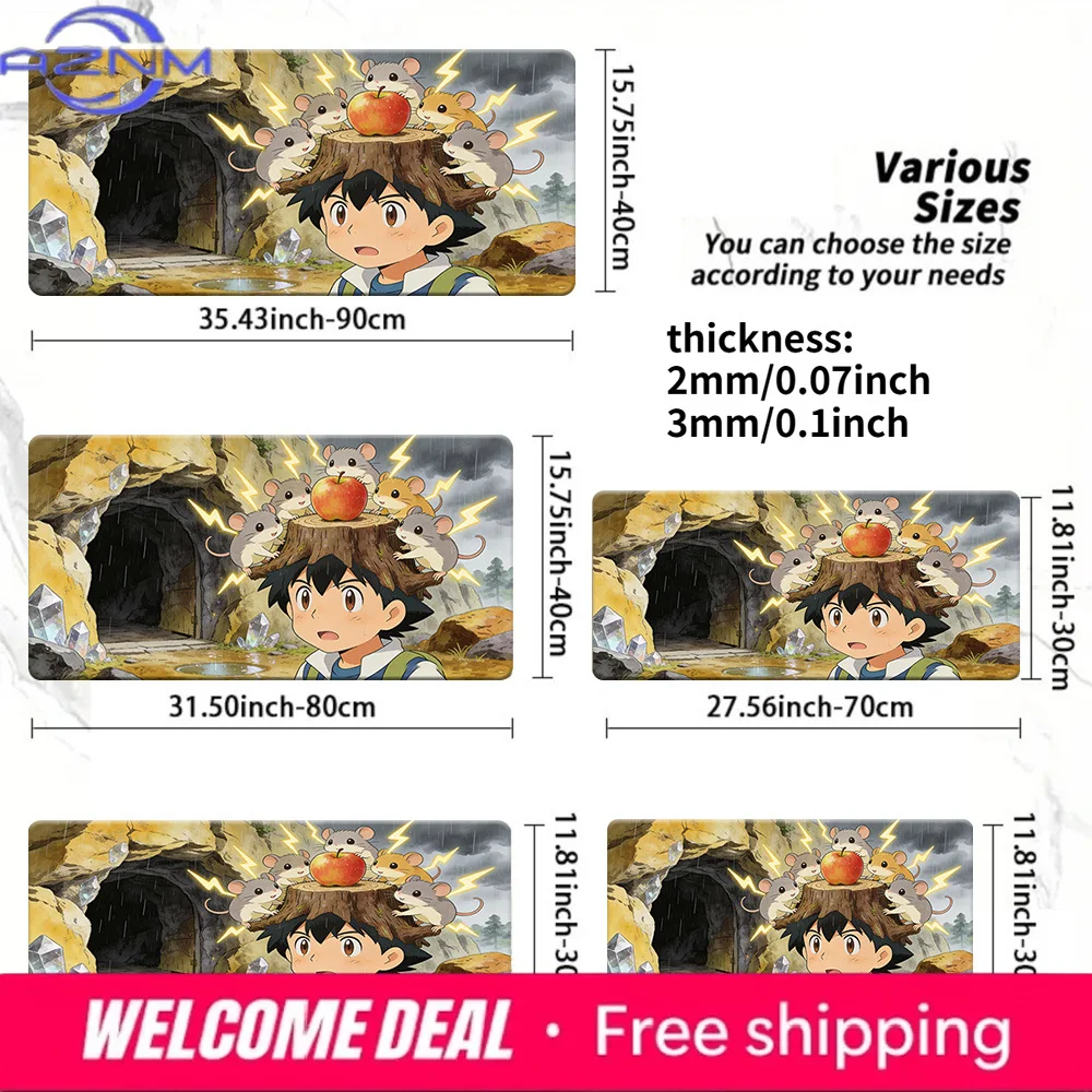 Alfombrilla de ratón lavable antideslizante Pokemon Ash con diseño de ratones eléctricos y manzanas para juegos