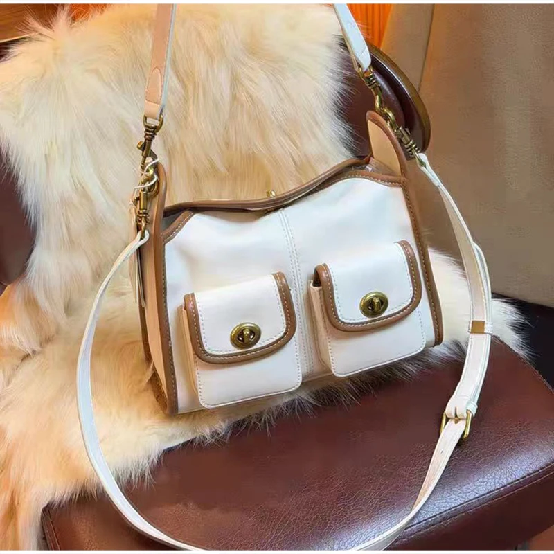 

Women's Branded Waxed Leather Hobo Bag Double-pocket Design Locking Tote Large Capacity Commuter Shoulder Crossbody Underarm Bag