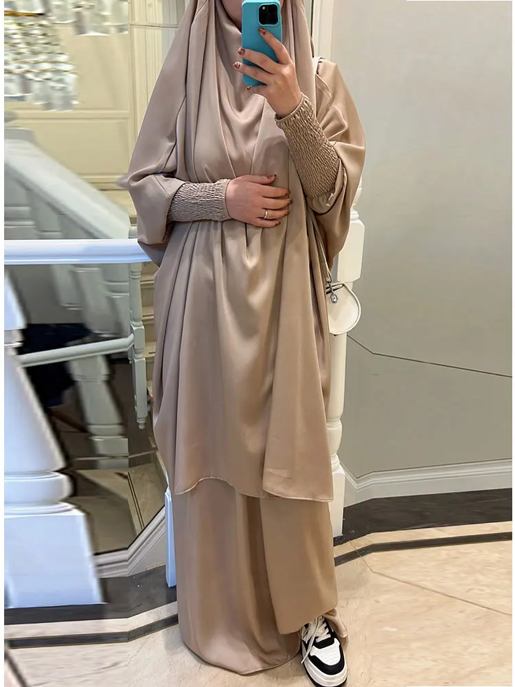 2 Piece Abaya Set Satin  Islamic Hooded Abaya Khima Long Skirt Prayer Outfit Ramadan for Women Muslim Dubai Modesty Burqa Jilbab