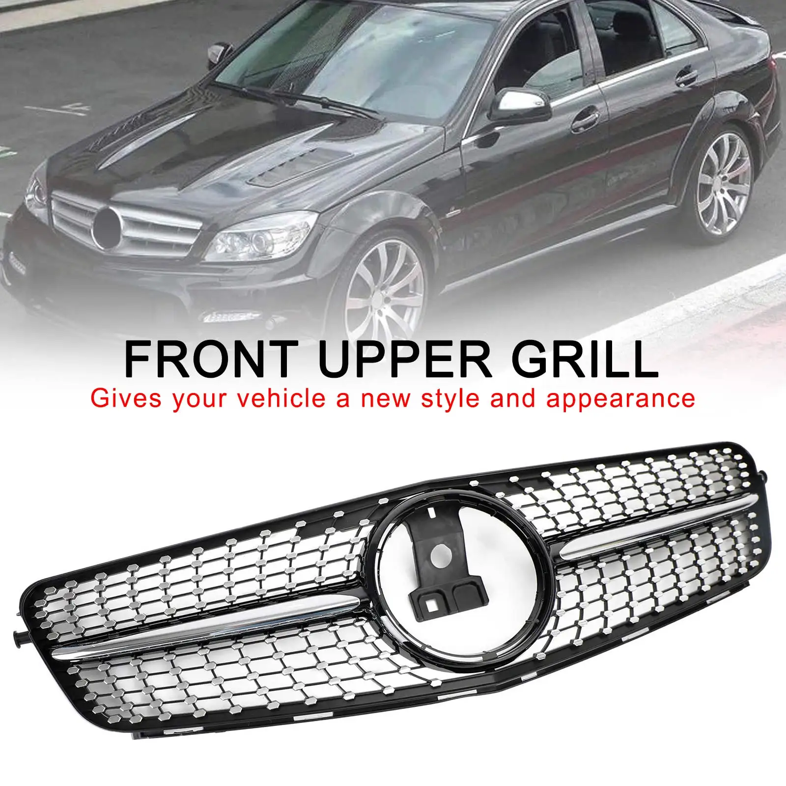 Artudatech Diamond Front Bumper Grille Grill Fit C-Class Benz W204 C300 C350 2008-2014 LED