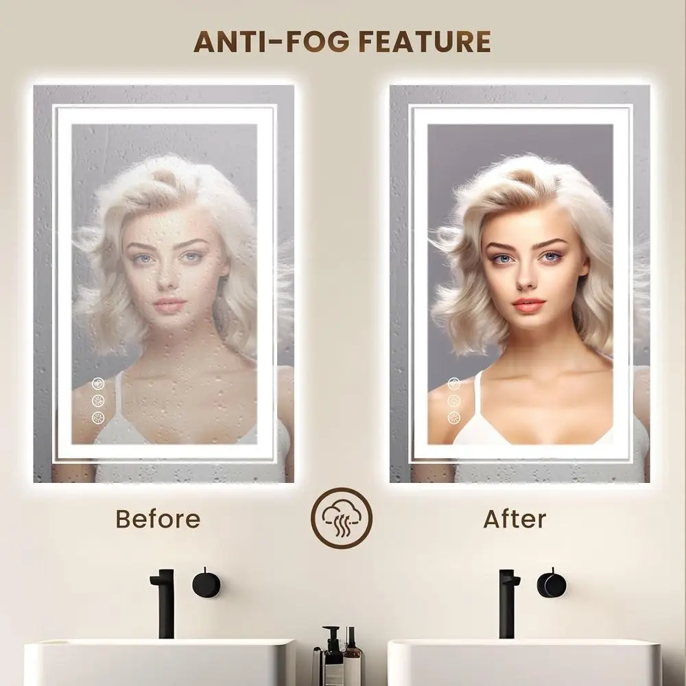 20x28 LED Illuminated Bathroom Mirror with RGB Backlight, 3 Front Lights, Stepless Dimmable, Anti-Fog, Memory Function, Shatter-