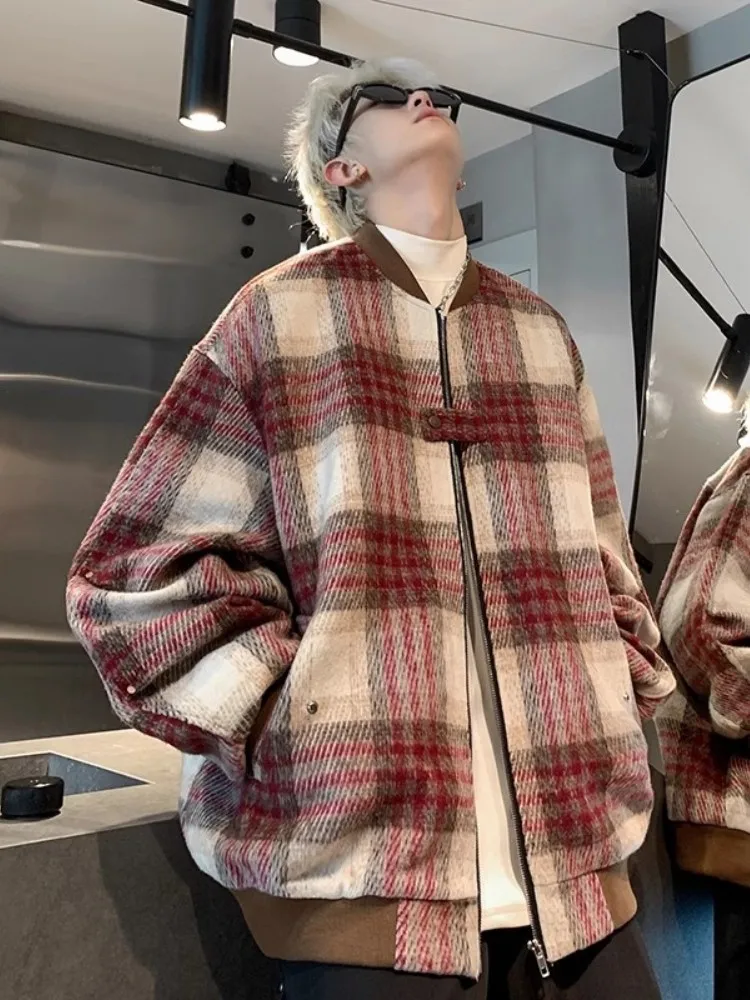 

Men's Spring Autumn Woolen Jaet Vintage Baseball Sle Cheered irt Lapel Coat Modern Windproof Long Sve Youth Faion