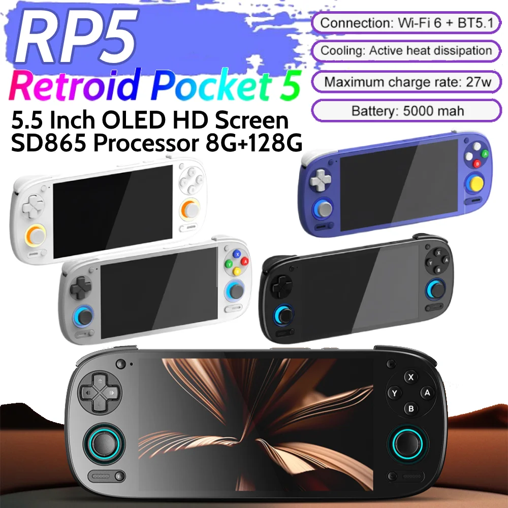 Retroid Pocket 5 RP5 Retro Game Console Video Player WIFI 6 Bluetooth5.1 Android 13 SD865 5.5Inch OLED Touch Screen PSP PS2 Gift