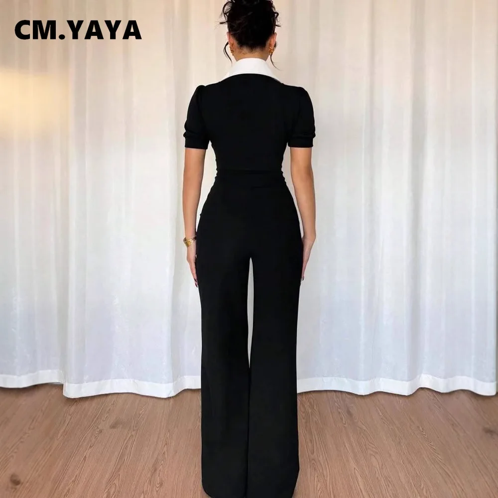 CM.YAYA Fashion Women Puff Short Sleeve Patchwork Bowknot Button