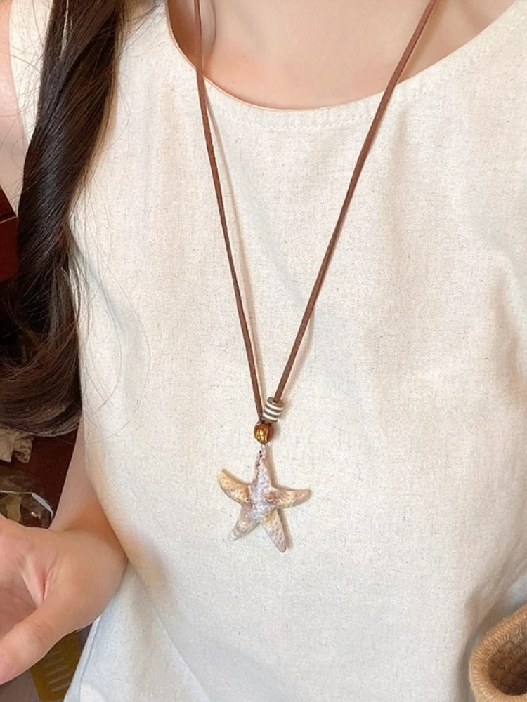 Women Bohemian Style Beige Starfish Pendant Necklace Beach Vacation Fashion Accessories Versatile Long Lanyard Sweatshirt Chain