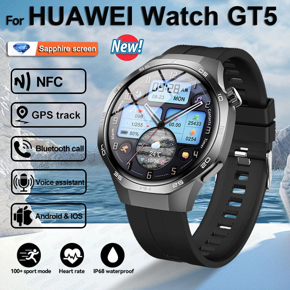 

For HUAWEI Men Watch 5 Sports Bracelet GPS NFC 1.53"AMOLED Screen Always display BT call Heart rate Fitness Smartwatchs 2024 New