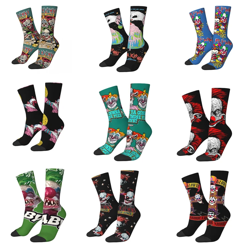 Funny Compression Sock for Men Vintage Halloween Hip Hop Killer Klowns from Outer Space horror film Pattern Printed Crew Sock