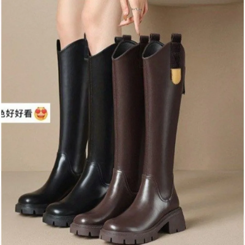 

Длинные сапоги из натуральной кожи, женские новые стильные осенне-зимние тонкие рыцарские сапоги на толстом каблуке с флисовой подкладкой, черные длинные сапоги для женщин