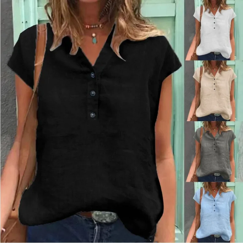 

Women Cotton Linen Summer Blouse Solid Color Simple Short Sleeve V Neck Quick Dry Women T-shirt Daily Clothes Ropa Mujer Blusas