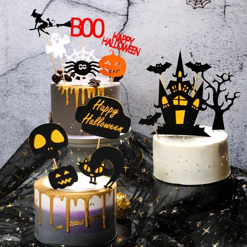 Happy Halloween Cake Toppers DIY Pumpkin Castle Ghost Witch Vampire Cupcake Topper Kids Birthday Halloween Party Baking Decor