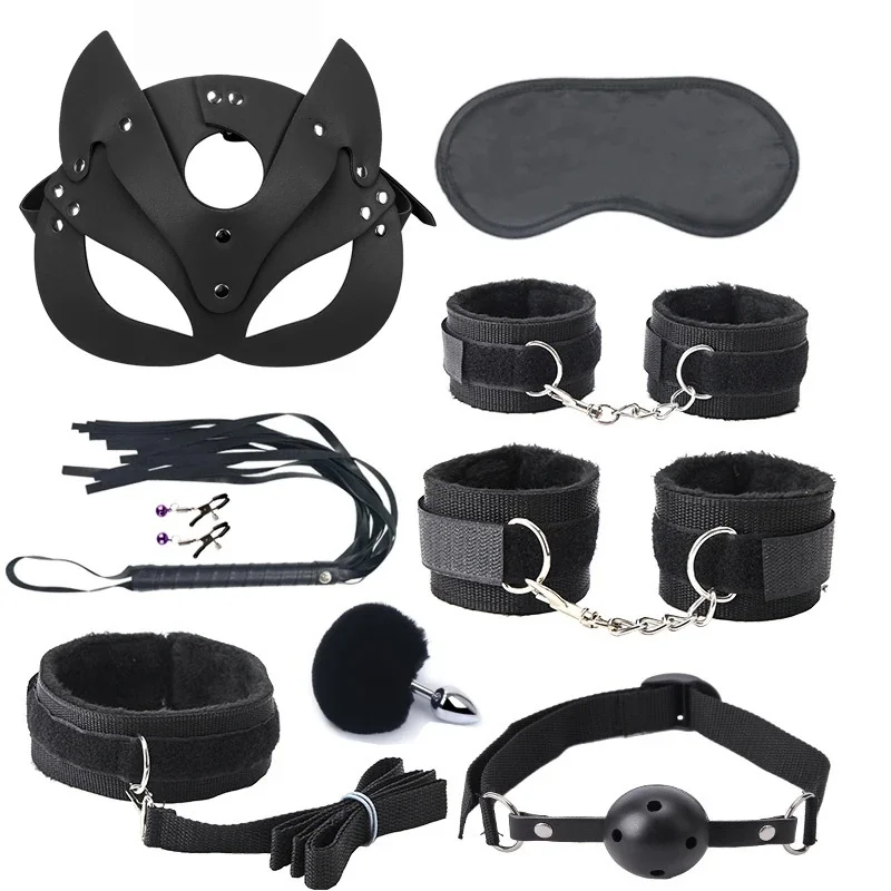 9pcs BDSM Bondage Set for Couples Sexy Cat Mask Handcuffs Ball Gag Flogger Anal Plug Nipple Clamps Fetish Role Play Sex Toy Kit view 2