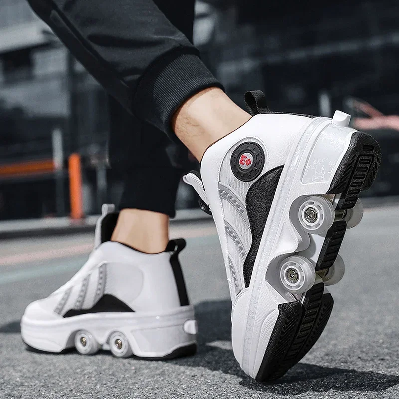 Unisex 4-Wheel Roller Skates Automatic Retractable Women's High Sneakers with Wheels Girls' Dual-Purpose Skating Sports Shoes