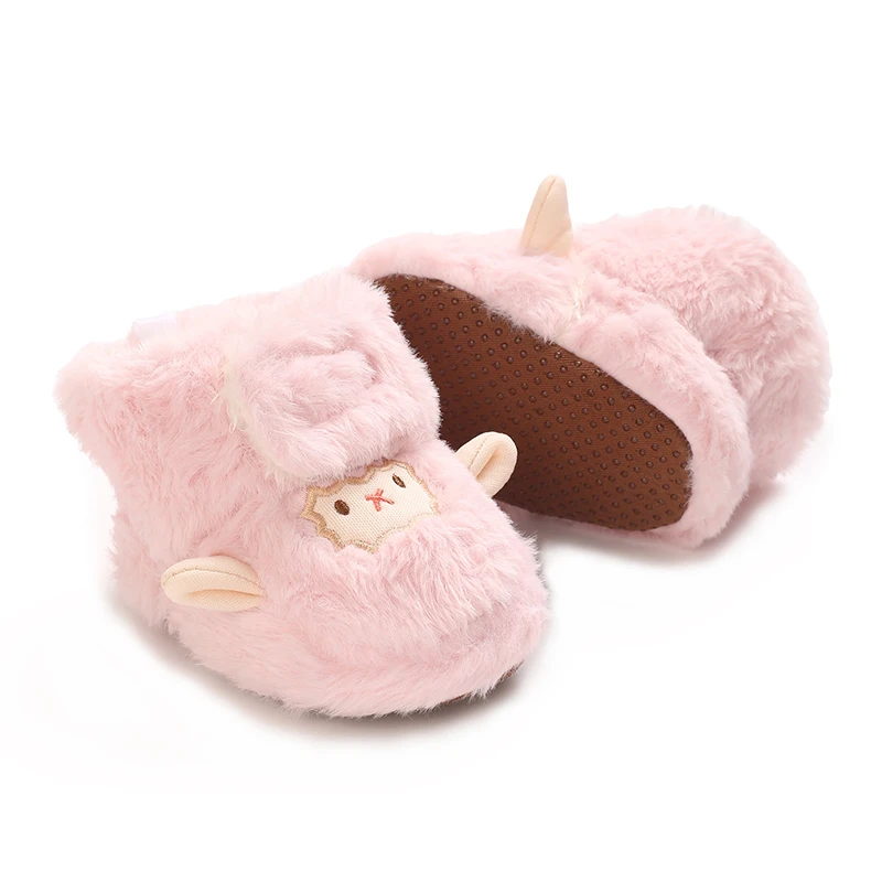 Winter baby girl's thick snow boots with plush cute pink furry cotton shoes 0-1Year warm non slip comfortable baby walking shoes