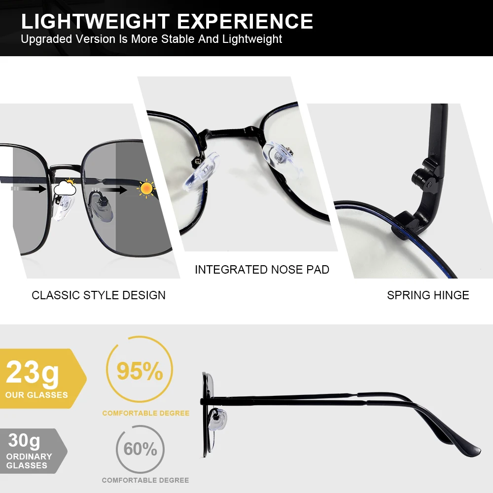 CRIXALIS Photochrome quadratische Sonnenbrille für Damen und Herren, Metallrahmen-Design, Dekoration, Alltag, Sonnenscheinbrille, UV400-Schirm – Detail 3