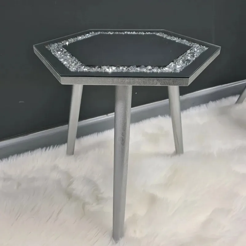 Luxury Tea Table Room Furniture Mirrored Side Table Silver Crystal Crushed Diamond Round Modern Mirrored Coffee Tables