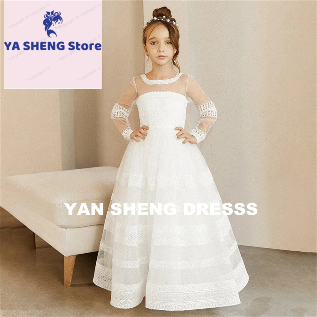 

Customized Elegant Lace O-Neck A-Line First Communion Dress with Long Sleeves Floor-Length Ball Wedding Party Flower Girl Gown