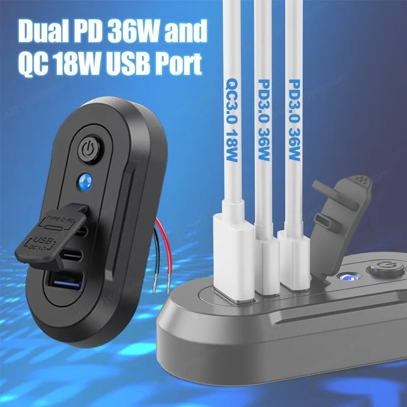 NEW 3-Port 12V USB Outlet Car Charger Panel 36W PD3.0 & 18W QC3.0 Fast Charger Socket with Switch for Motorcycle Bus Truck Boat