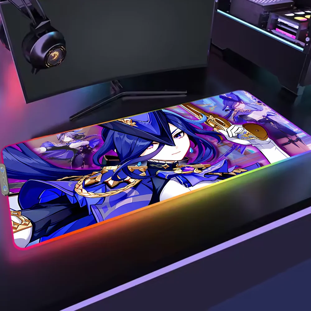 Game Genshin Impact Clorinde S Mouse Pad RGB LED Light Non-Slip Rubber Base Waterproof Office PC Home Best Price Desk-Mat USB La