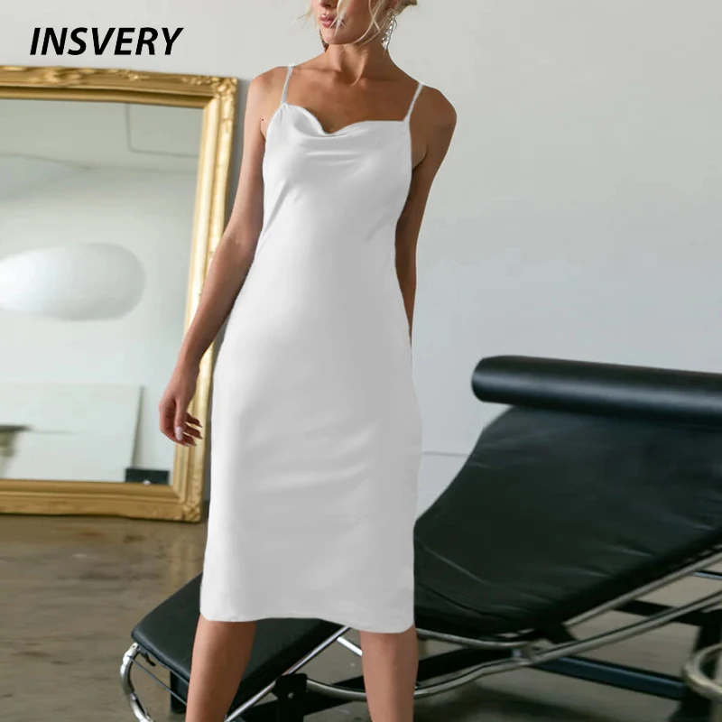 Vestidos de satén por debajo de la rodilla con tirantes finos para mujer, vestido Sexy de fiesta para discoteca, vestido veraniego sin mangas, ropa de dormir en negro, blanco y rojo