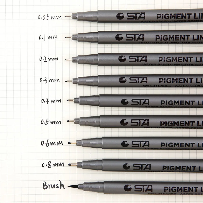 STA 1Pcs 0.05 0.1 0.2 0.3 0.4 0.5 0.6 0.8 Different Tip Pigment Liner Pigma Micron Black Ink Marker Pen Fineliner Sketching Pens